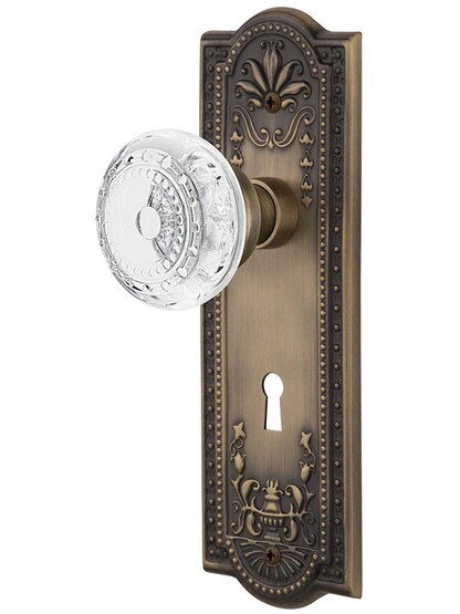 Meadows Mortise-Lock Set with Matching Crystal-Glass Knobs in Antique Brass.